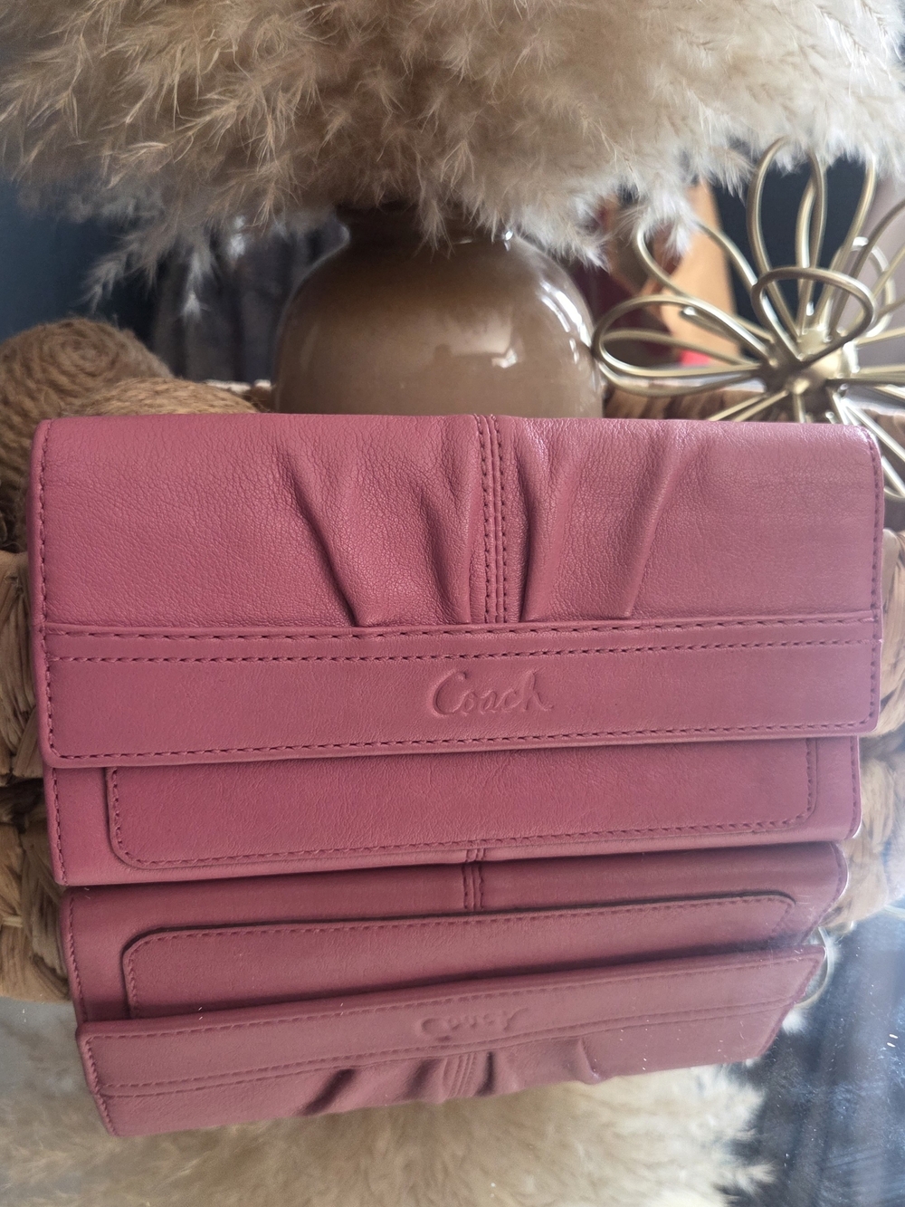 Coach Pink Gathered Leather Continental Wallet Checkbook Organizer